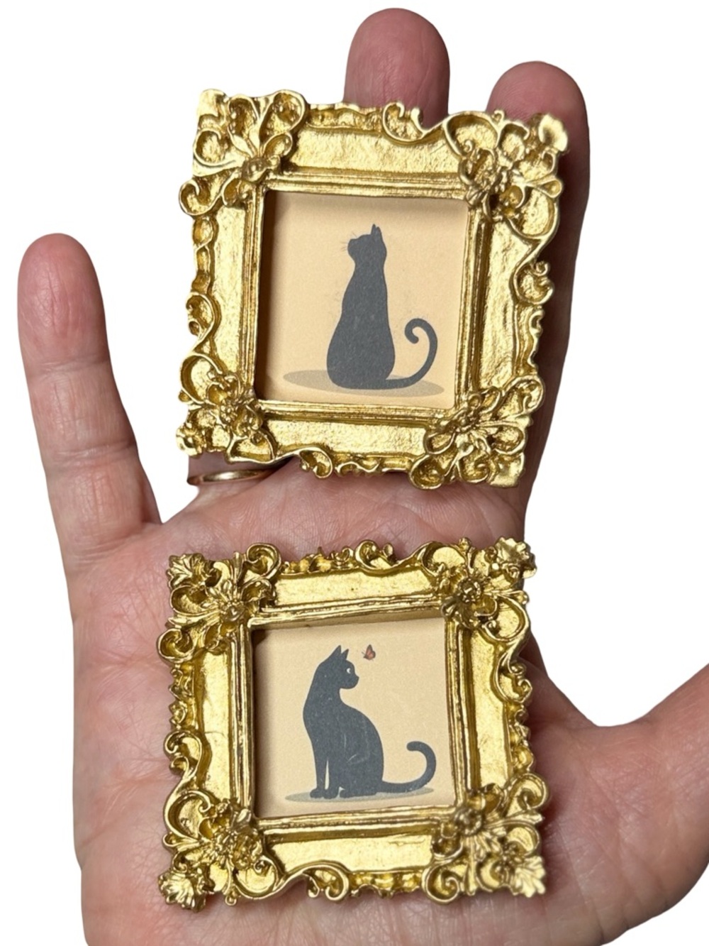 Set of 2 Mini Gold Framed Cat Magnets | Cute Cat Decor
